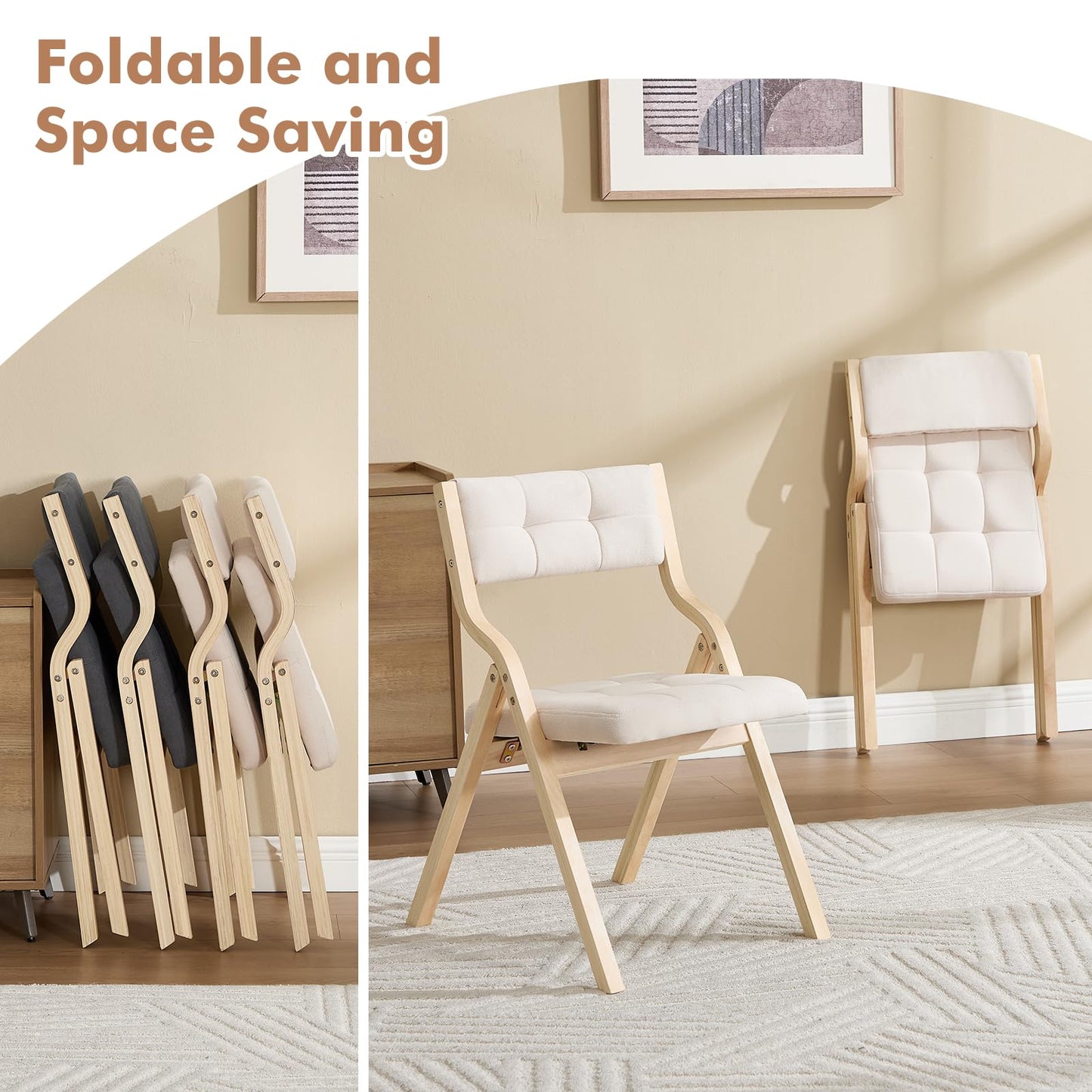choairy Folding Dining Chairs Set of 4,Padded Foldable Dining Chairs with Cushion,Portable Wooden Folding Chairs for Dining Rooms Kitchen Wedding and Party Indoor Beige