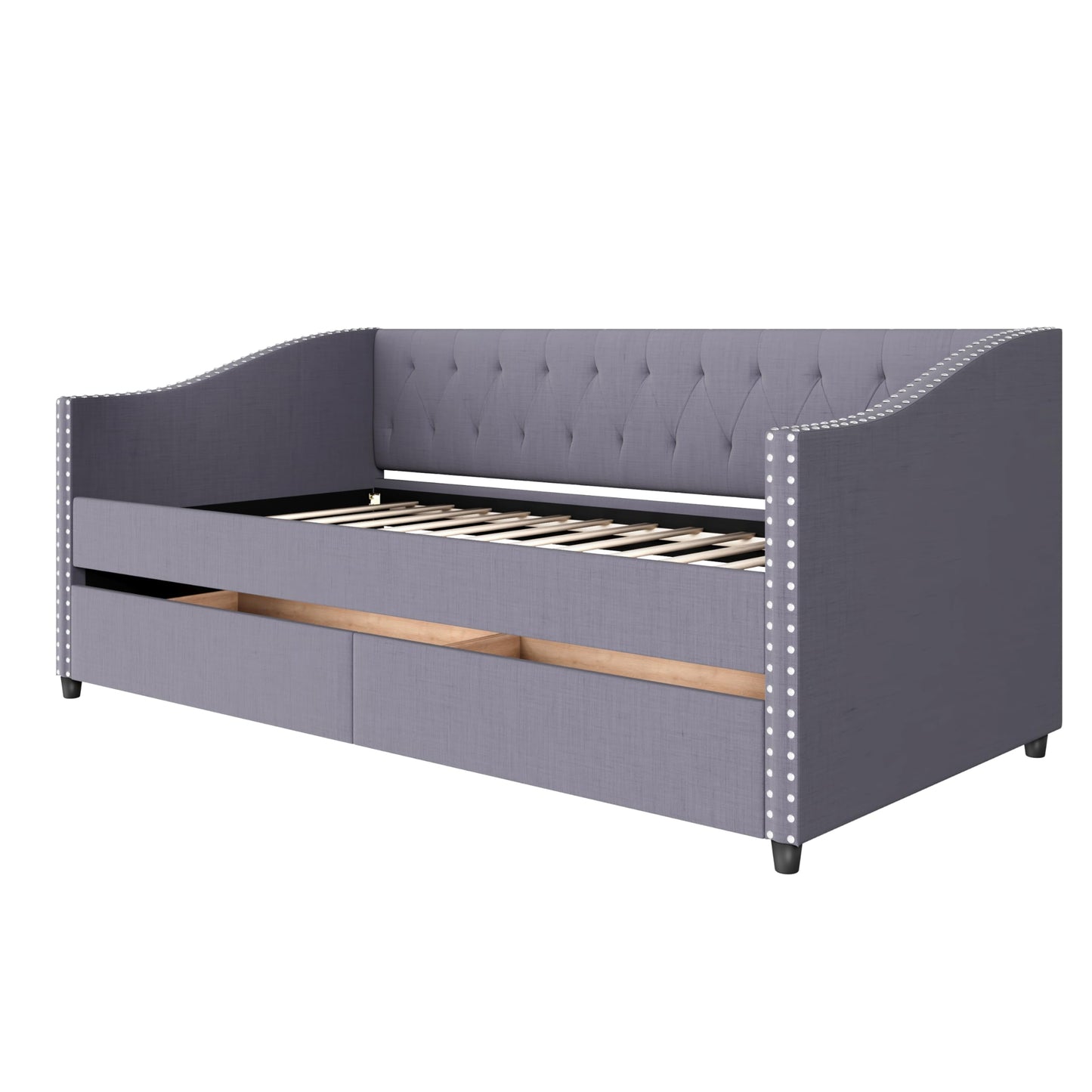 Christopher Knight Home Twin XL Daybed Frame with Two Drawers, Linen Fabric Upholstered Sofa Couch, 85’‘ Living Room Sleeper Sofa, Cozy Daybed for Bedroom, Diamond-Tufted Design, Rivet Armrests, Gray