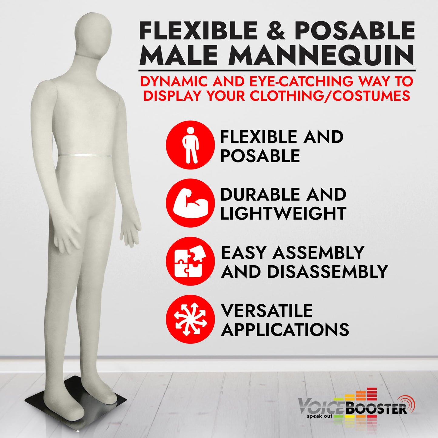 Full Body Male Mannequin by Voicebooster Speak Out - Flexible, Bendable, Poseable Standing Model with Adjustable Arms - Soft Foam Dress Form for Costumes, Clothing Display, Sewing - Beige/White