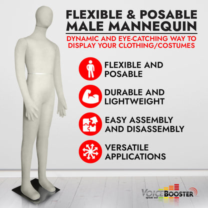 Full Body Male Mannequin by Voicebooster Speak Out - Flexible, Bendable, Poseable Standing Model with Adjustable Arms - Soft Foam Dress Form for Costumes, Clothing Display, Sewing - Beige/White