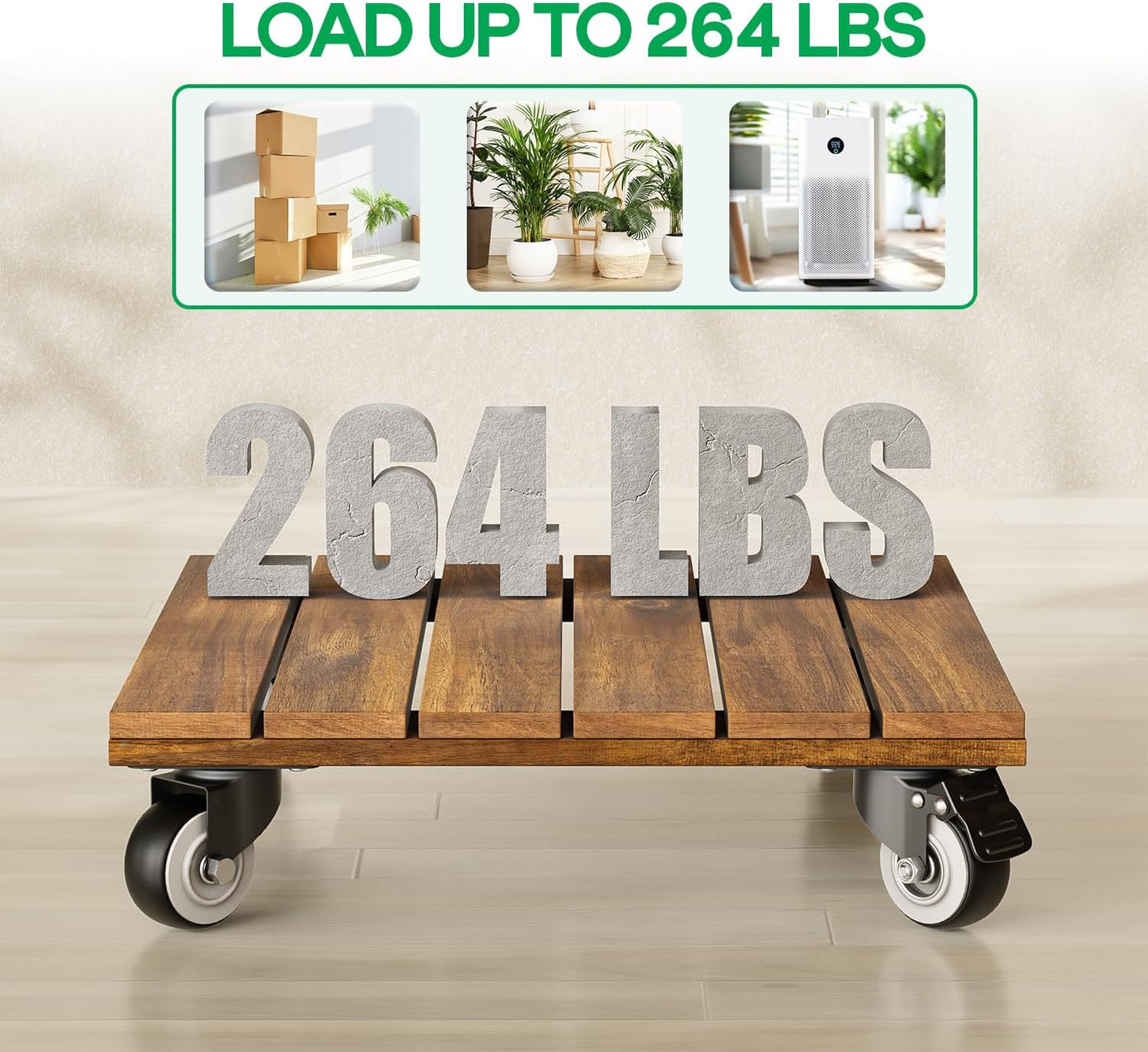 2-Pack 12 Inch 360 264 lbs Idzo Acacia Wood Rolling Square Plant Caddy for Plant Pots, Heavy Duty Plant Stand