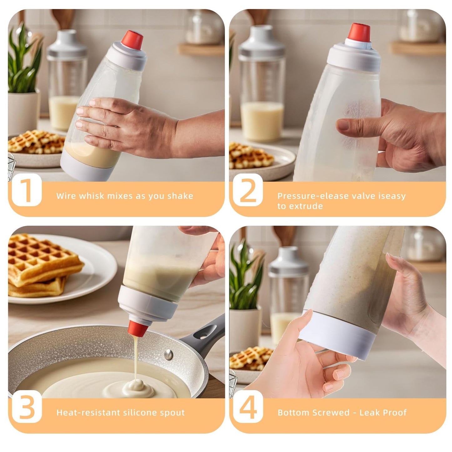 Pancake Batter Dispenser with stainless steel mixing ball, Pancake Shaker Batter Dispenser Bottle Baking Tool .Kitchen Batter Squeezer Bottle Suitable for Cupcakes, Pancakes, and Muffins (2pack)