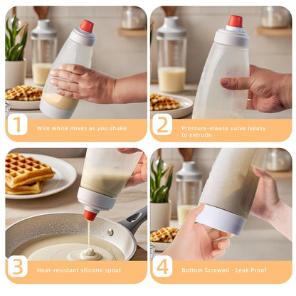 Pancake Batter Dispenser with stainless steel mixing ball, Pancake Shaker Batter Dispenser Bottle Baking Tool .Kitchen Batter Squeezer Bottle Suitable for Cupcakes, Pancakes, and Muffins (2pack)