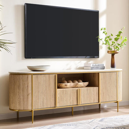 OKD 70" Fluted TV Stand with Storage, Faux Marble Top Entertainment Center for TVs Up to 80", Modern Curved Edge Media Console Cabinet for Living Room, Natural Oak