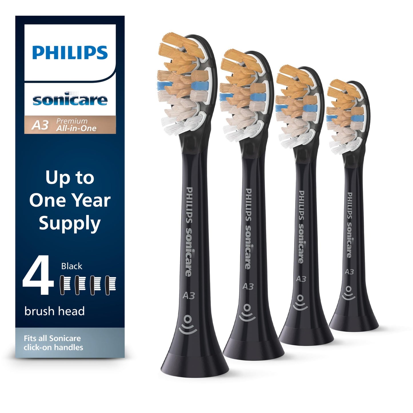 Philips Sonicare A3 All-in-One - Genuine Replacement Electric Toothbrush Heads, White, 4 Pack One Year Supply, HX9094/65