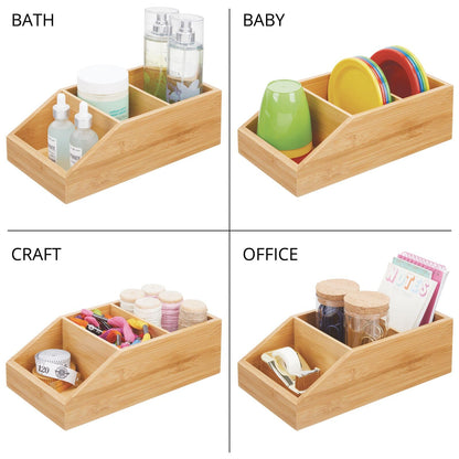 mDesign Bamboo Wood Compact Bathroom Storage Organizer Bin Box - 3 Divided Sections - Cabinets, Shelves, Countertops, Bedroom, Kitchen, Laundry Room, Closet, Garage - Natural/Tan