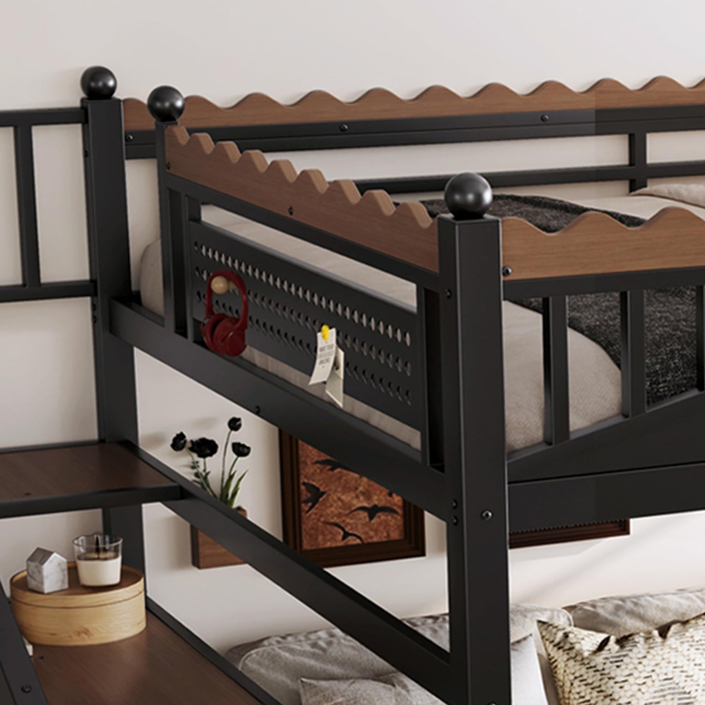 KEIKI Queen Size Loft Bed with Storage Stairs, Metal Loft Bed Frame with Shelves & Bookshelf, Heavy Duty Adult Loft Bed with Guardrails, No Box Spring Needed, Black