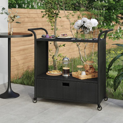 Gecheer Bar Cart with Drawer – 39.4 x 17.7 x 38.2 Inch Poly Rattan Serving Trolley, Weatherproof Steel Frame, Locking Casters, Smooth-Rolling Kitchen or Outdoor Bar Caddy