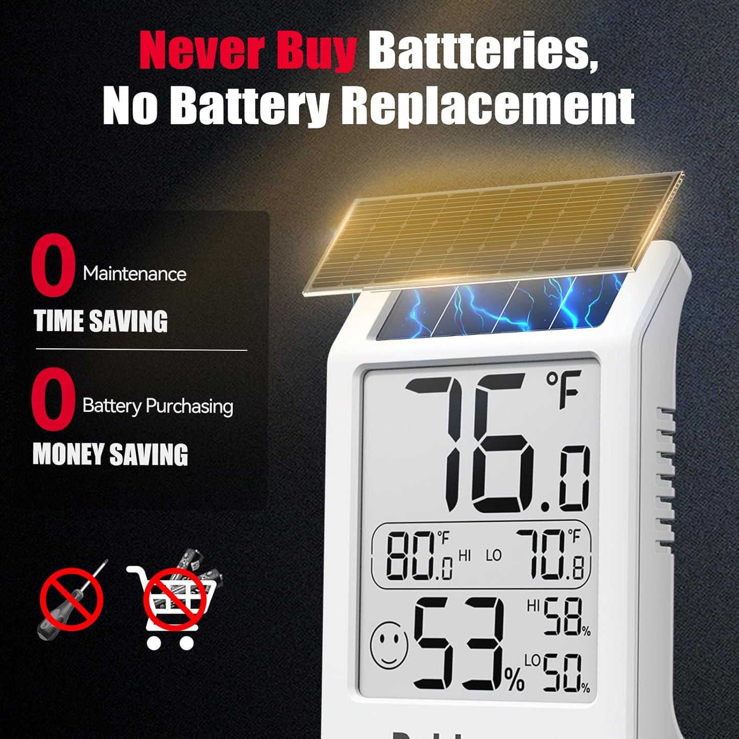 3.2'' 1Pack BaldrTherm Room Thermometer Indoor Humidity Meter, Solar-Powered Digital Temperature Sensor Monitor