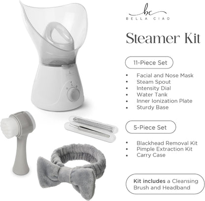 Bella Ciao 11-Piece Gentle Face Steamer Set with 2 Settings, At-Home Facial Spa Kit with Accessories, Facial Essentials, Includes Cleansing Brush and Blackhead-Remover Tools for Deep Pore Cleaning