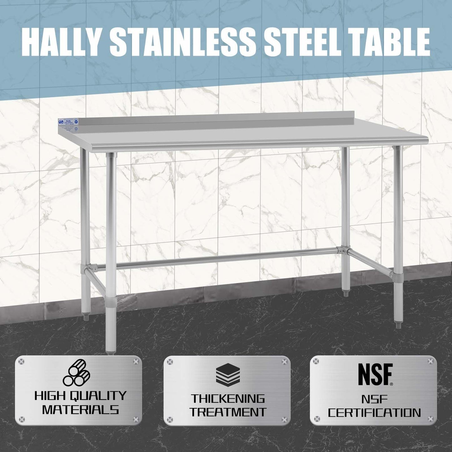 Hally Open Base Stainless Steel Table 30 x 60 Inches, NSF Commercial Heavy Duty Prep & Work Table with Backplash and Galvanized Legs for Restaurant, Home and Hotel