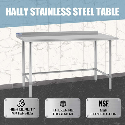 Hally Open Base Stainless Steel Table 30 x 60 Inches, NSF Commercial Heavy Duty Prep & Work Table with Backplash and Galvanized Legs for Restaurant, Home and Hotel
