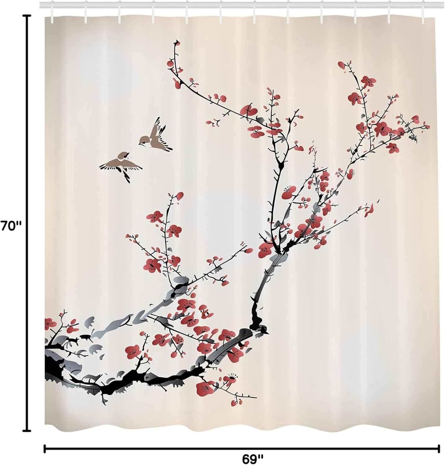 Ambesonne Nature Shower Curtain 69" W x 70" L, Burgundy Black Flowers Buds Birds Art Painting Effect, Cloth Fabric Bath