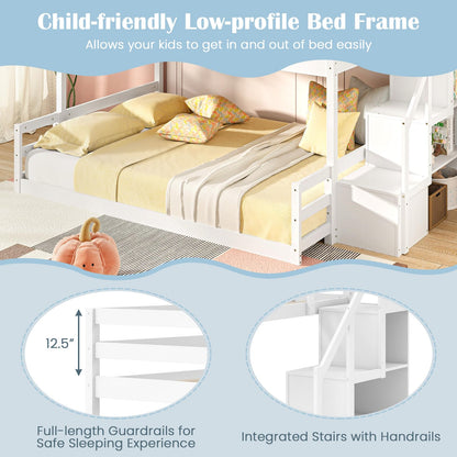 Giantex Twin Over Full Bunk Bed with Stairs, Solid Wood Floor Bunk Bed with Storage Staircase & Full-Length Guardrails, Low Bunk Bed with for Kids, Teens, Adults, Dorm, Small Space, White