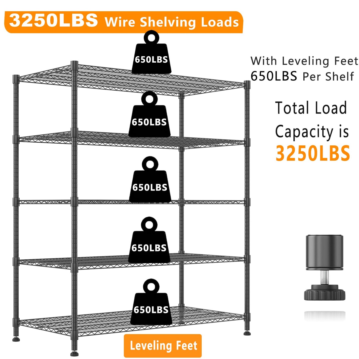 Himimi Storage Shelves 60"W Wire Shelving with Wheels 3250LBS Heavy Duty Metal Shelves for Storage, 5-Tier Adjustable Wire Rack Shelving Garage Shelving Kitchen Storage Shelves 24"Dx60"Wx82"H, Black