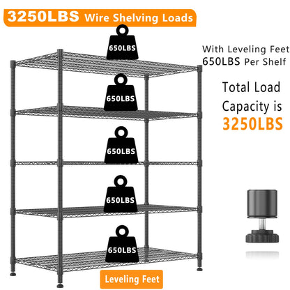 Himimi Storage Shelves 60"W Wire Shelving with Wheels 3250LBS Heavy Duty Metal Shelves for Storage, 5-Tier Adjustable Wire Rack Shelving Garage Shelving Kitchen Storage Shelves 24"Dx60"Wx82"H, Black