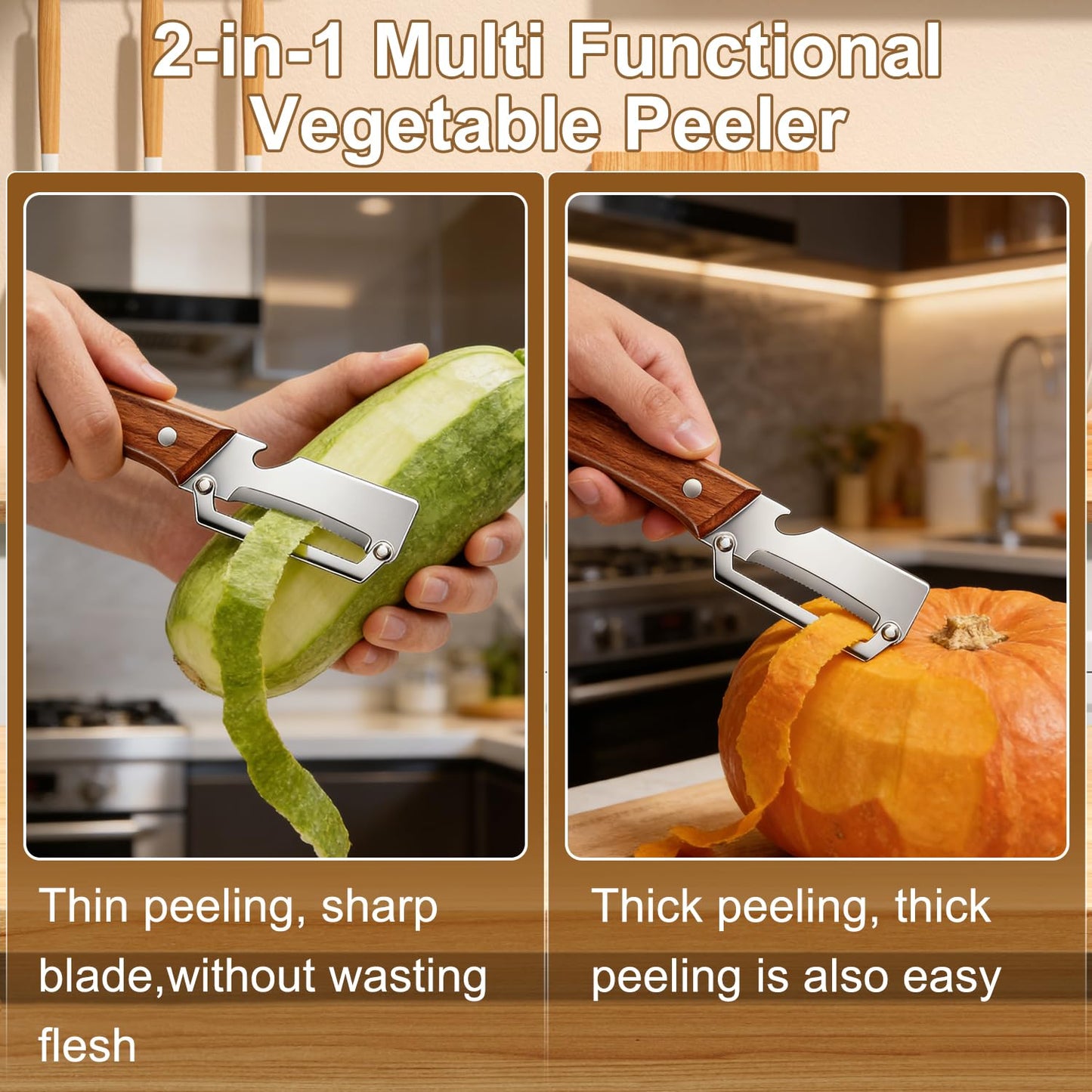 Premium Vegetable Peeler with Wooden Handle and Bottle Opener,2-in-1 Stainless Steel Kitchen Tool for Fruit Potato Zucchini Pumpkin Papaya(2 PSC)