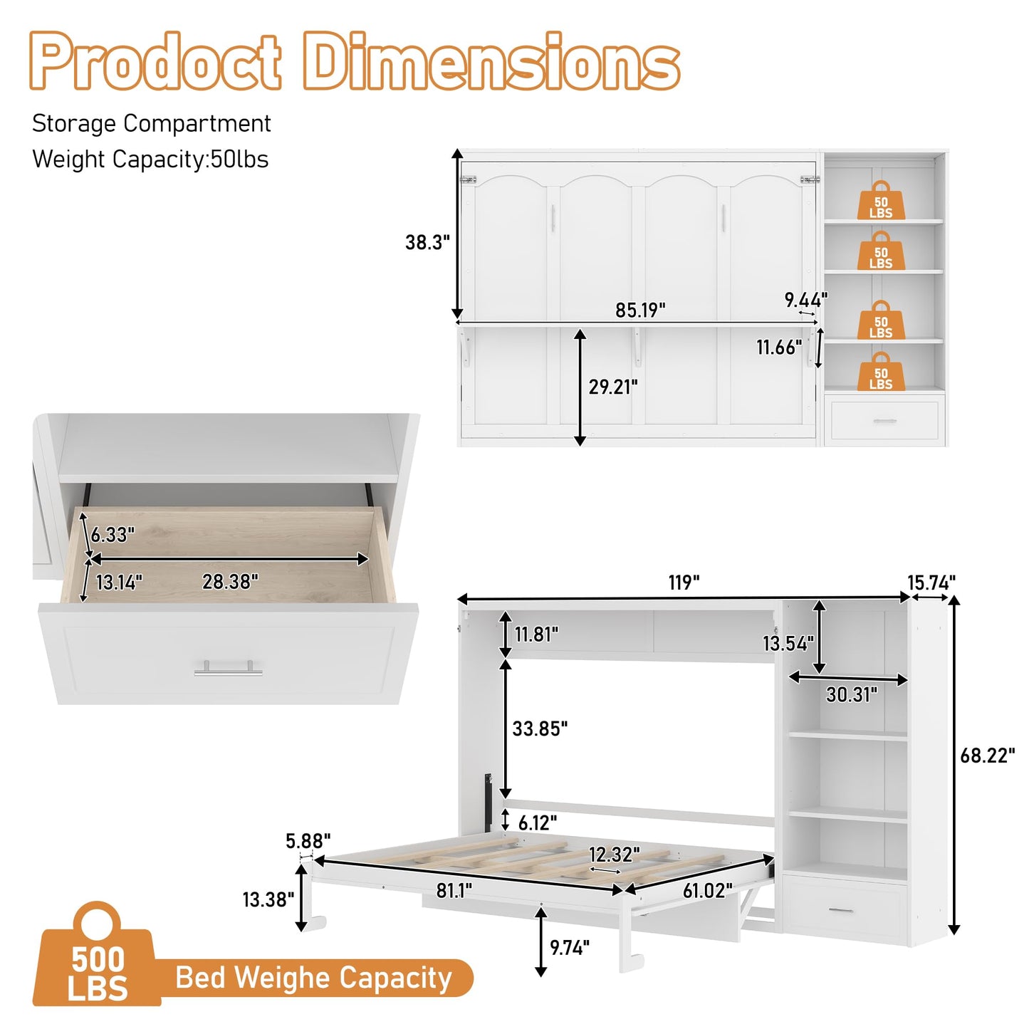 Merax Queen Murphy Bed with 3 Height Adjustable Storage Shelves & 1 Drawer, Wall Bed Frame Multifunctional Foldable Platform Bed for Small Space, Bedroom, Guest Room, Bear 500LBS (White)