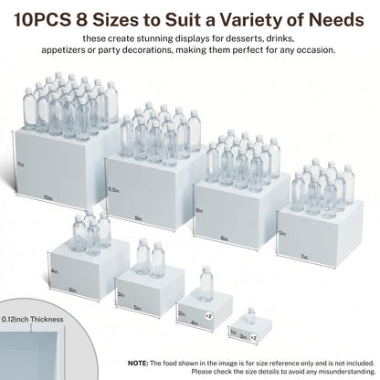 10 Pcs White Acrylic Buffet Risers with Mini Sign and Marker, Food Risers Display Stands for Buffet Table Party Catering Dessert Jewelry Collectibles,Acrylic Cube Nesting Boxes with Hollow Bottoms 8 Sizes (10" 9" 8" 7" 6" 5" 4" 4" 3" 3")