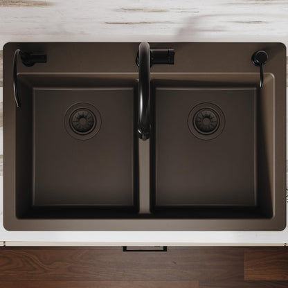 Karran 33" Brown Quartz Composite Double Bowl Kitchen Sink – Top Mount Drop-In 50/50 Low Divider, 80% Natural Quartz, 535°F Heat Resistant, Sound Dampening, Granite Composite, QT-810