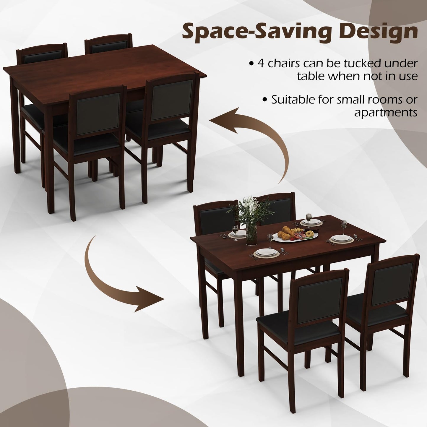 Tangkula Dining Table Set for 4, Farmhouse Solid Wood Dinette Set w/Rubber Wood Legs, Upholstered Seat & Padded Backrest, Mid-Century Modern Dining Table and Chairs Set for Kitchen, Dining Room