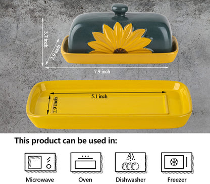 Butter Dish With Lid For Countertop Ceramic Butter Keeper Sunflower Butter Container Butter Holder Tray Large Covered Farmhouse