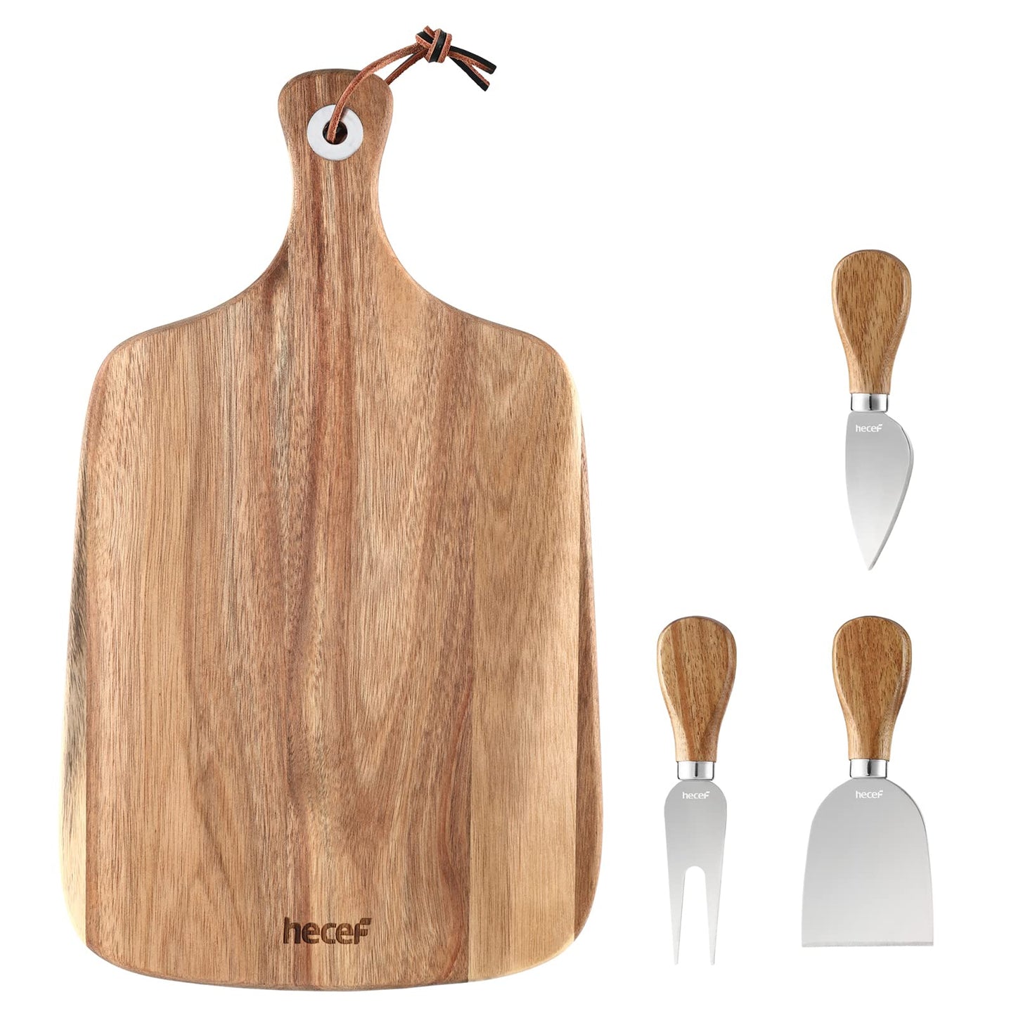hecef Upgrade Bigger Cheese Board set of 4, a Acacia Wood Cheese Plate and 4 Pcs Knives, Charcuterie Platter Serving Tray for Appetizers, Feast, Housewarming, Cheese Serving