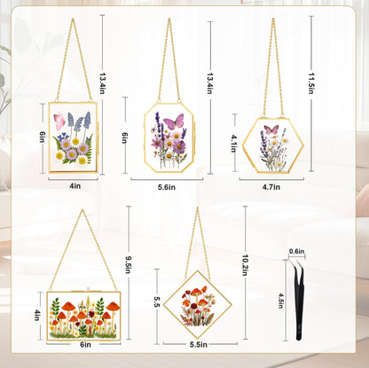 BABUFINE Pressed Flower Frames with Tweezers, Wall Hanging Double Glass Picture Frames with Chain for Dried Flowers Plants Wall Decor,Only Frame (Gold-5PCS)