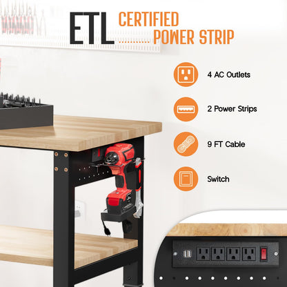 Albott 48" Adjustable 2-Tier Workbench with Solid Wood Top, Max 2500lbs Capacity, Built-in Power Strip with 4 AC Outlets & 2 USB Ports, Pegboard & 20 Hooks, Shop Garage Office