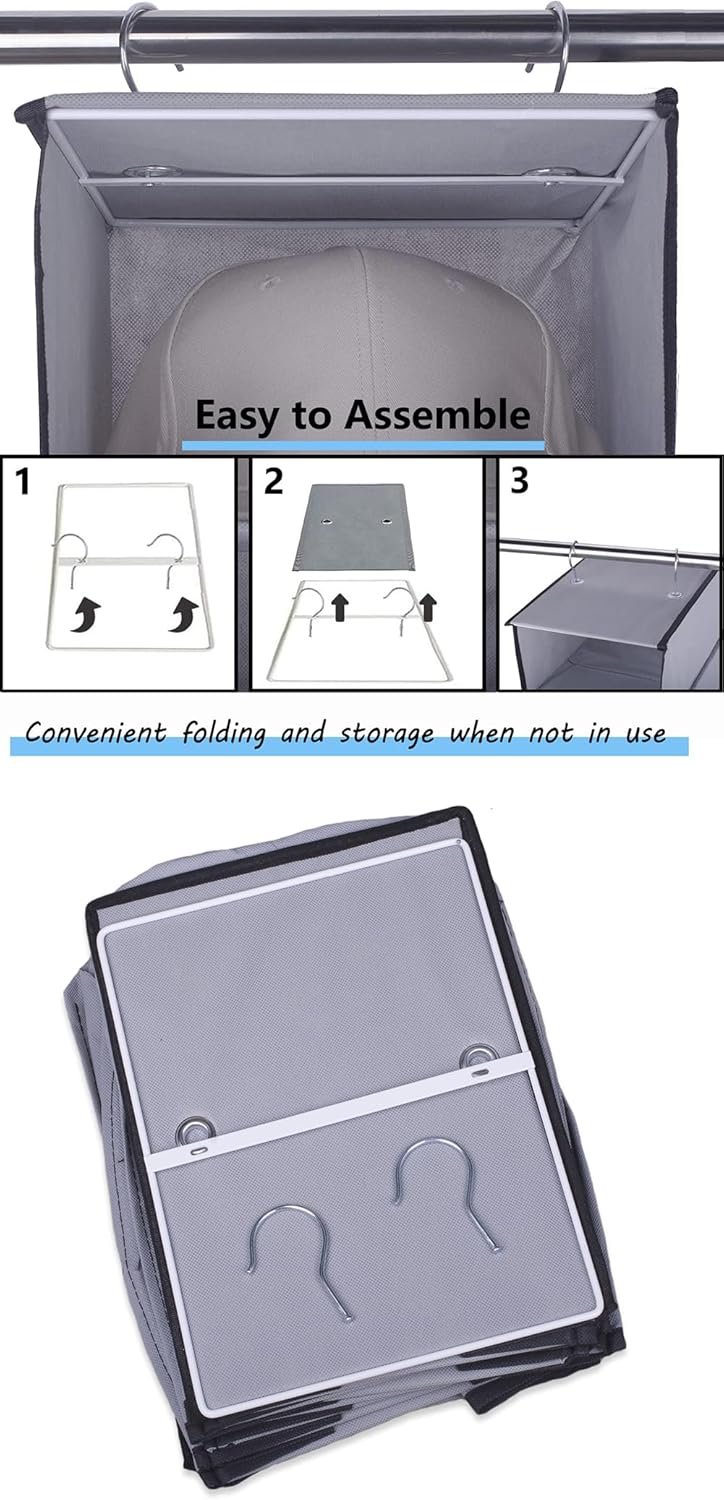 GRANDAN Hat Rack with Upgrade Metal Hooks, 10 Shelf Hanging Closet Organizer for Baseball Caps, Gray