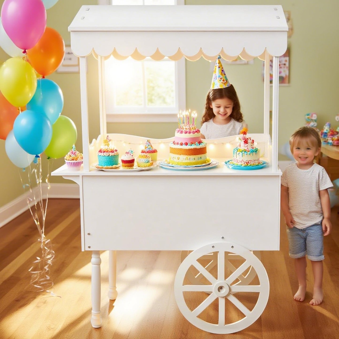 Gasgo Versatile Dessert Cart with Fixed Wheels - 70"x40"x22" Charcuterie Station, Candy Display Stand for Business, Flower Cart with Included 100 Balloons & 1 String Lights, White