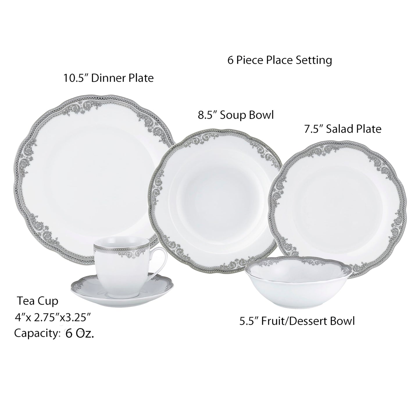 Stylish and Elegant 57 Pieces Porcelain Dinnerware Set Service for 8 People for Hosting Parties and Events - Wavy Edge, Silver Trim