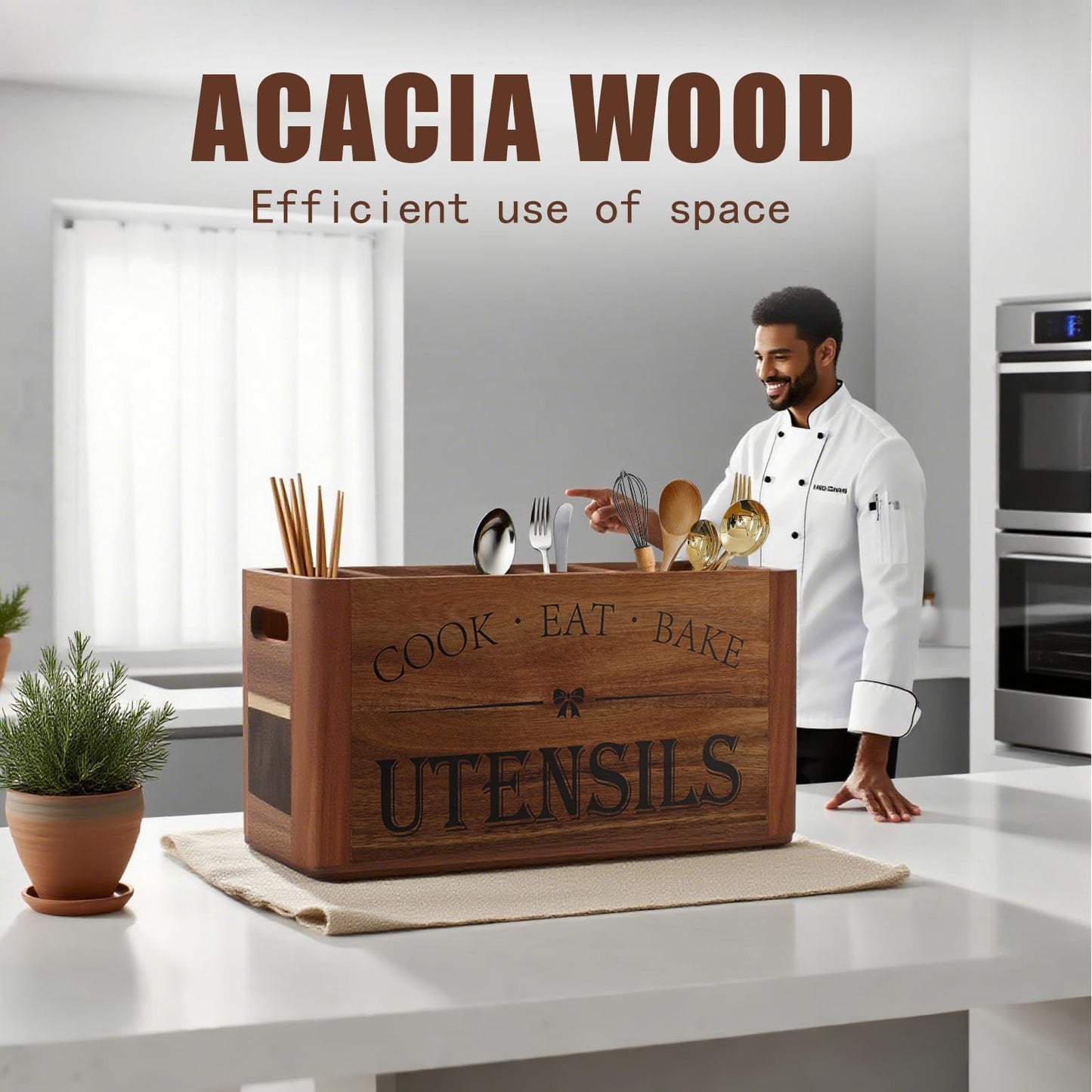 RMCOKGX Utensil Holder for Kitchen Countertop - Extra Large 4 Compartment Wooden Organizer in Acacia Wood, Storage for Cooking Tools and Cutlery, Farmhouse Style for Home Cooking