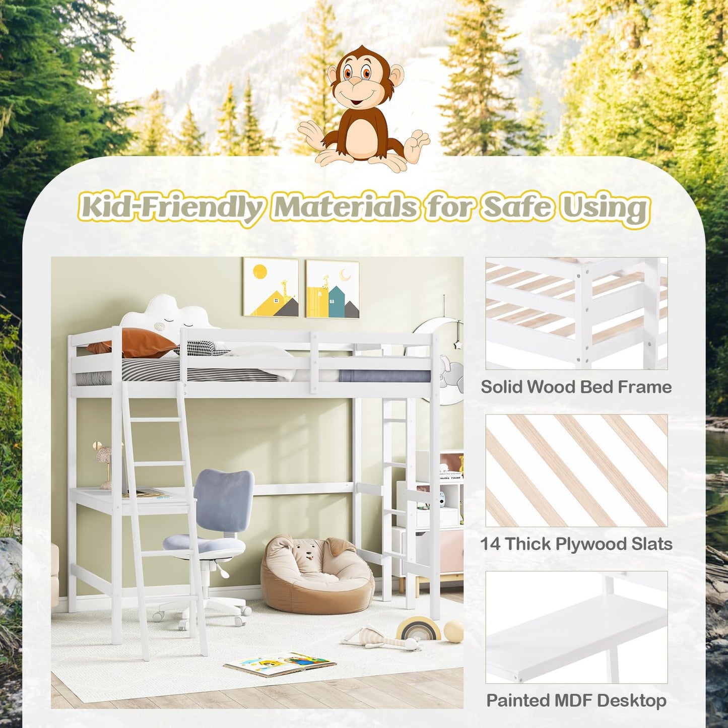 KOMFOTT Twin Loft Bed with Desk, Solid Wood Twin Bed Frame with 2 Ladders, Safety Guardrail for Teenagers, Space-Saving Loft Bed with Wooden Slats Support, No Box Spring Needed (White)