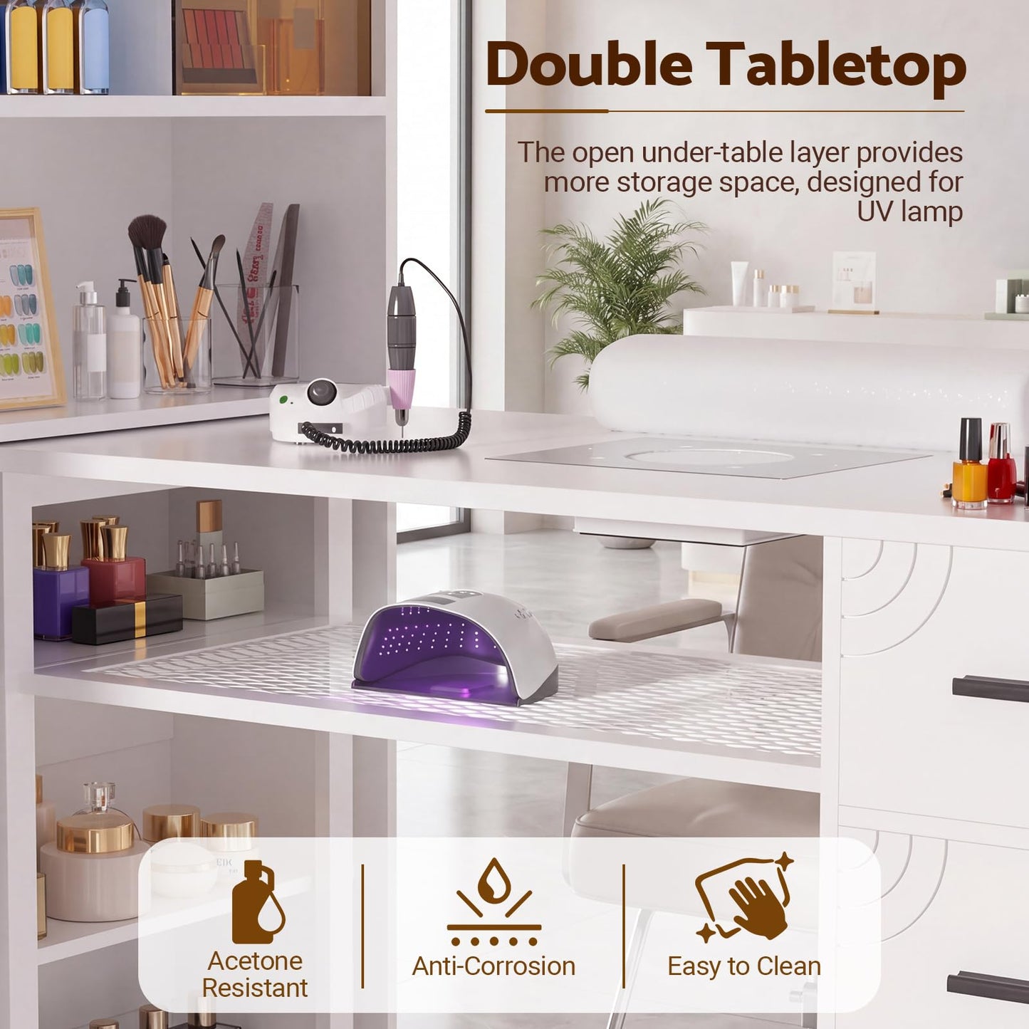 Oakvera Manicure Table with LED Display Cabinet, Mobile Nail Tech Desk Built-in Dust Collector, Nail Station with Double Tabletop, 3 Adjustable Shelves, Open Storage, Drawers & Cabinets, White