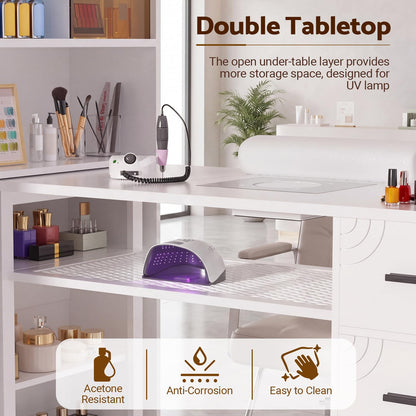 Oakvera Manicure Table with LED Display Cabinet, Mobile Nail Tech Desk Built-in Dust Collector, Nail Station with Double Tabletop, 3 Adjustable Shelves, Open Storage, Drawers & Cabinets, White
