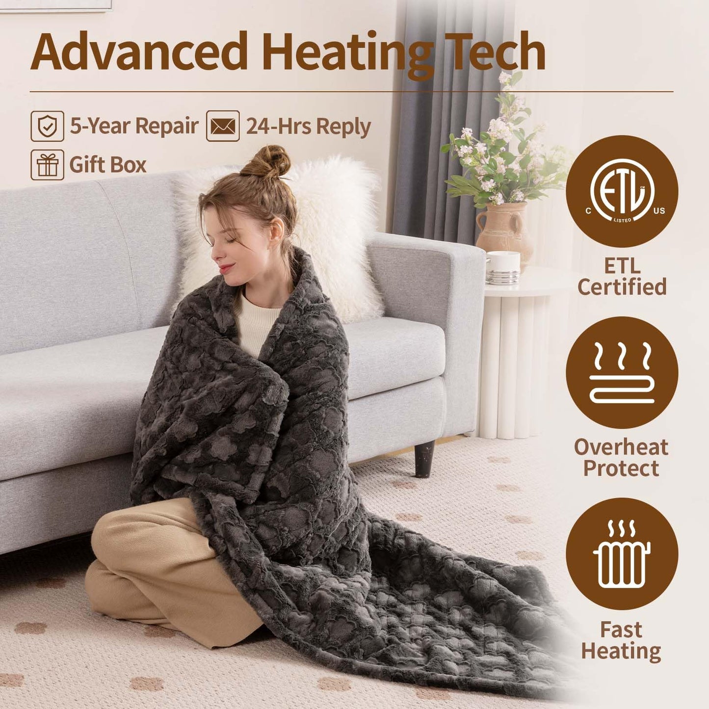 Bearhug Electric Blanket King Size 100" x 90", Dual Controller Heated Blanket, White Flower Patterns Faux Fur & Warm Sherpa, 10-Heat Levels & 1-12H Auto Off,ETL, Machine Washable
