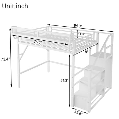 DNYN Queen Size Loft Bed with Desk & Storage Shelves & Wardrobe & Staircase Design for Kids/Adults Bedroom,Sturdy Metal High Bedframe w/Led & USB Port,Super Save Space & No Box Spring Needed, White