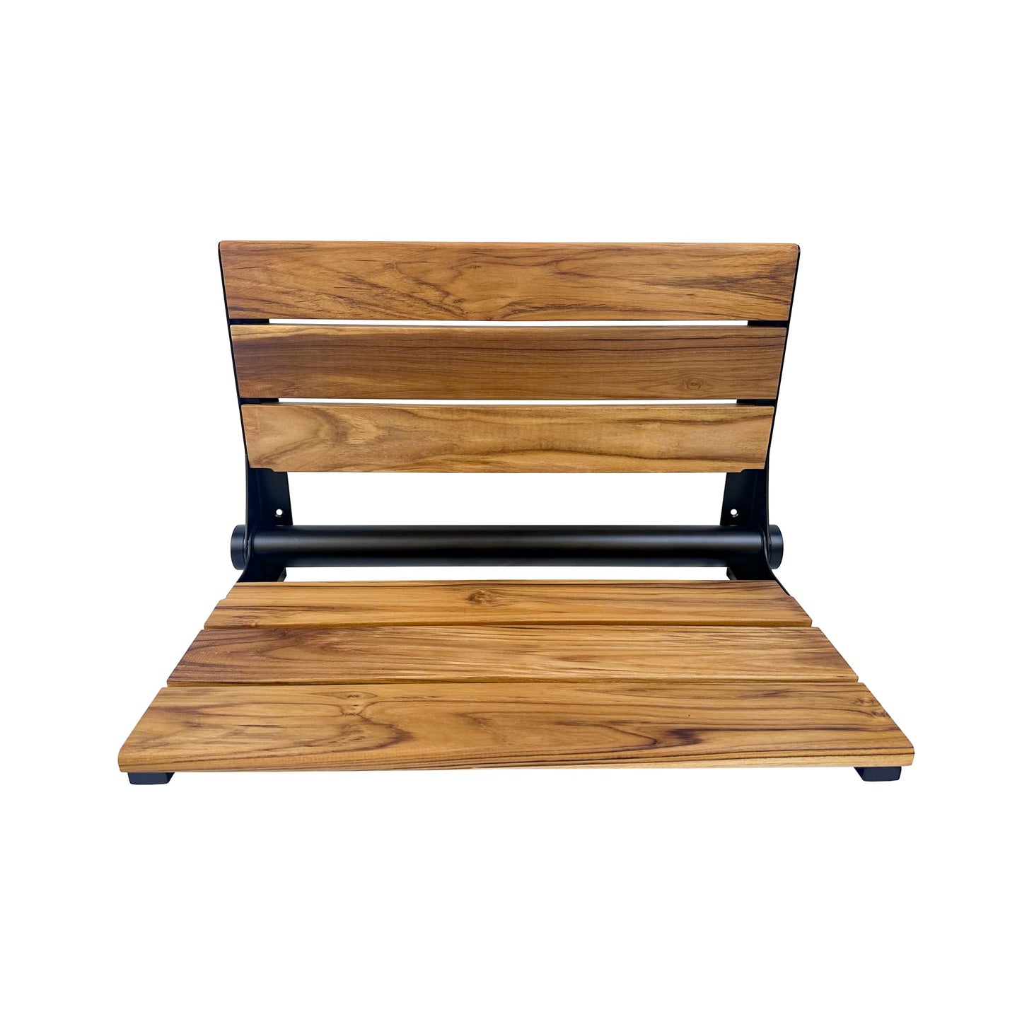 Teak Shower Seat Bench with Back - Wall Mounted Fold Up Shower Seat, Waterproof Folding Teak Bath Chair for Seniors, 304 Stainless Steel Frame, with 300 lbs Capacity - 24" Length, Matte Black