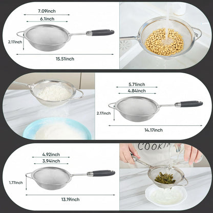 Stainless Steel Fine Mesh Strainer Set (3 Sizes 12/14/18cm, 40 Mesh) – 304 Food Grade, For Pasta, Rice, Flour & Tea – Reinforced Handle, Hook Rest, Heat-Safe Grip, Dishwasher Safe
