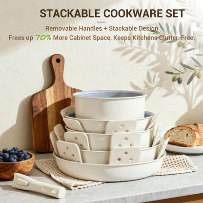 Ammeloo 18-Piece Ceramic Pots and Pans Set Non Stick, Non Toxic Cookware Set with Removable Handles, Pot Sets for Cooking, Induction Ready, Dishwasher & Oven Safe, PFAS PFOA & PTFE Free (Cream White)