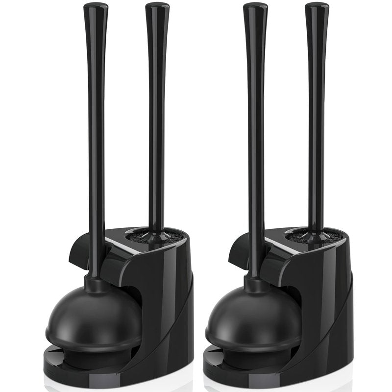 Toilet Plunger and Brush, Bowl Brush and Heavy Duty Toilet Plunger Set with Ventilated Holder, 2-in-1 Bathroom Cleaning Combo with Modern Caddy Stand for 5.7-inch Toilet Drain(Black, 2 Set)
