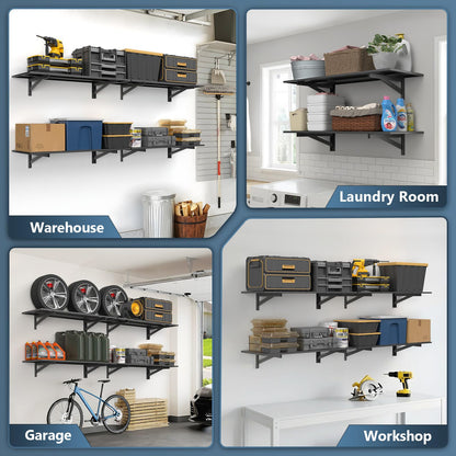 Jusgym 4 Pack Heavy Duty Garage Wall Shelving (1.5x4ft), 1400lbs Capacity Garage Shelving Wall Mounted, 18"x96"Garage Storage Rack Floating Shelves, Black