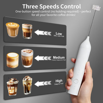 Milk Frother Handheld Rechargeable, Hand Frother with Stand, Drink Mixer Frother Wand Electric Whisk Stirrer for Coffee, Latte, Matcha, Cappuccino, Hot Chocolate, Kitchen Gifts - White