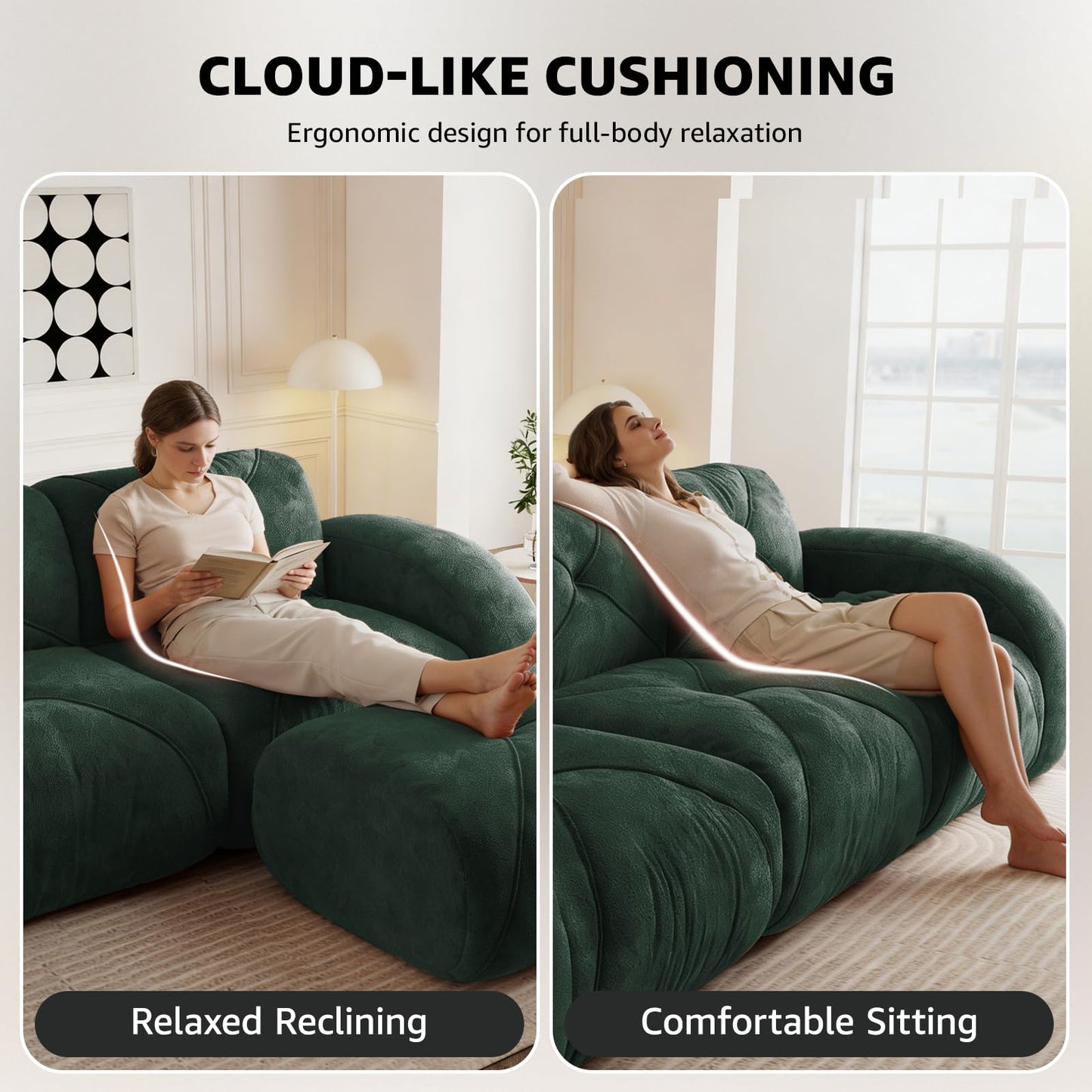 Green L-Shaped Sectional Couches for Living Room, Velvet Fabric Boneless Couch, No Assembly Cloud Modular Sectional Sofa with 1 Ottoman, Foam Couch Compressed Sofa Set for Apartment, Sofas para Sala