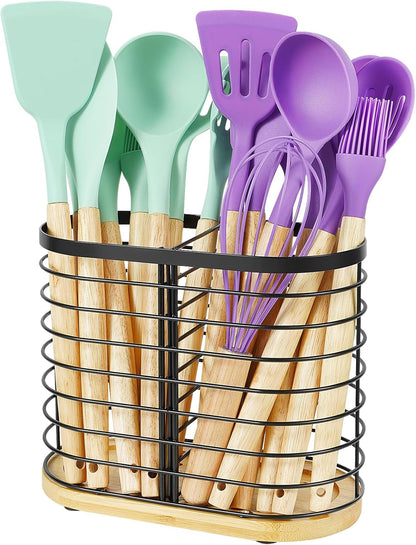 Large Utensil Holder for Kitchen Counter, 8.7" x 4.3" x 6.9", Wooden Base Matte Black Cooking Utensil Caddy
