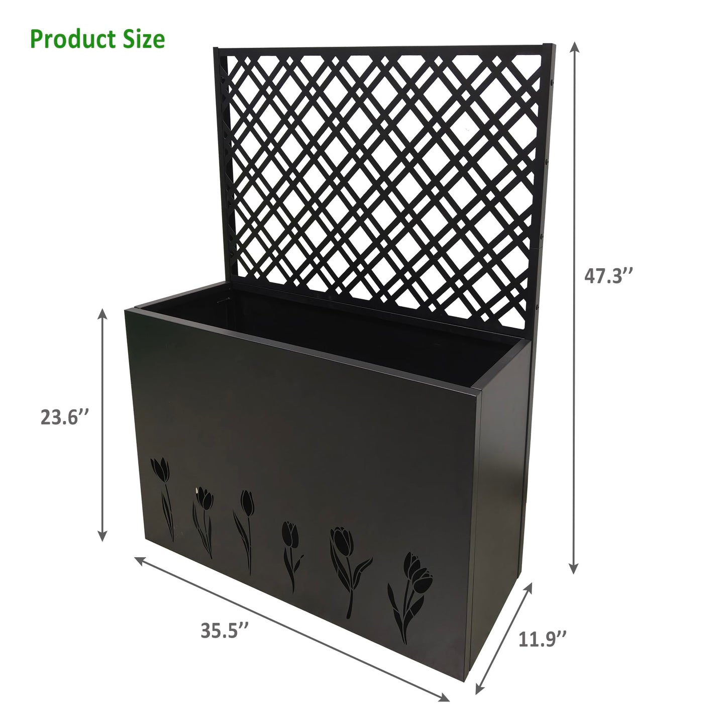 Amacv Tall Metal Planter Raised Garden Bed with Trellis 35.5in L x 11.9in W x 47.3in H - Large Flower Box Privacy Screen for Porch, Patio, Garden, Commercial Décor, Tulip Black