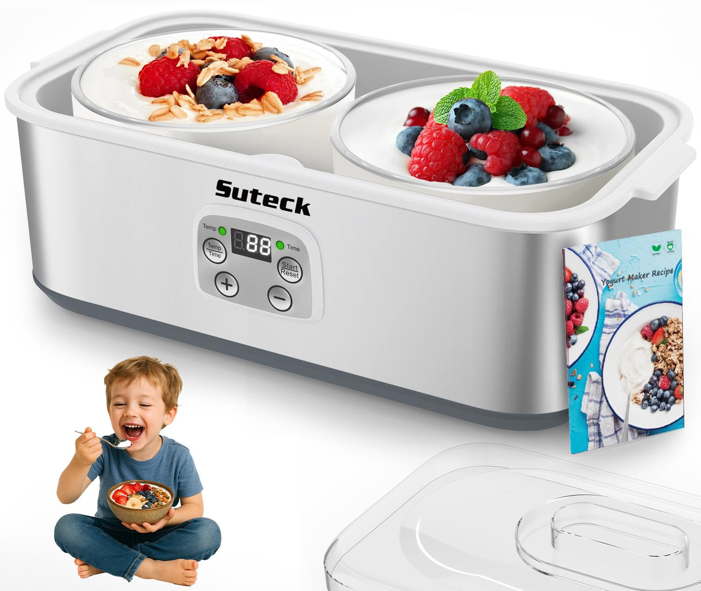 Suteck Yogurt Maker - Stainless Steel Yogurt Makers with Adjustable Time & Temp Control，Automatic Shut-Off & Constant Temper for Homemade Greek, Probiotic Yogurt, BPA-Free 2 Yogurt Bowls (2 Quart)