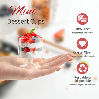 Zezzxu 100 x 2 oz Mini Dessert Cups with Spoons, Goblet - Disposable Appetizer Cup Mousse Cups Small Plastic Dessert Shot Glasses for Serving Individual Desserts, Cocktails, Trifle