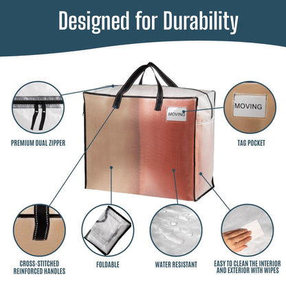 VENO 4 Pack Heavy Duty Moving Bags, Storage Bags, Packing Supplies, Top Zipper, Storage Totes for Camping, Clothes, Bedding, Comforters, Pillows (22 Gallon Clear, 4 Pack)